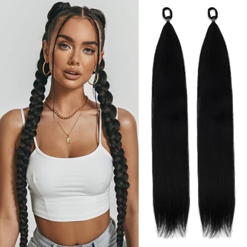 Braid Ponytail Extension 2 Pack Black Ponytail Extension with Elastic Tie Straight Sleek Wrap Around Long Braid Hair Extensions Ponytail 26 Inch