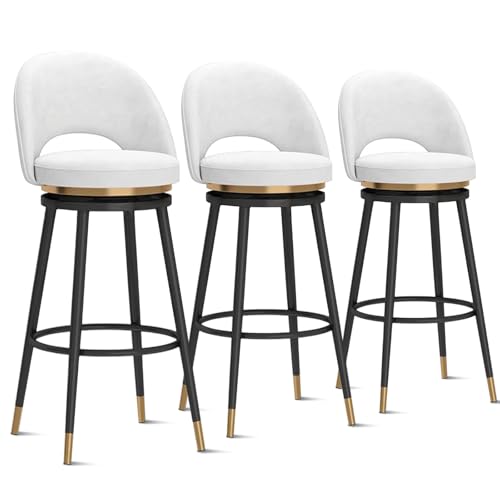 カウンター高さ回転バースツール、ベルベットバースツール3脚セット、背もたれ付き布張りシート、キッチンアイランドホームバー用メタルベース朝食チェア、ホワイト 65cm、ブラックフレーム