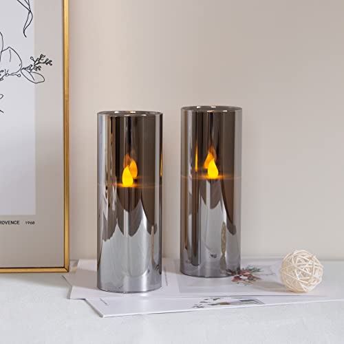 Yeelida 3"X8" Led Grey Galss Pillar Candles With Remote Control,Battery Operated Flameless 2/4/6/8H-Timer Flickering Set Of 2 Real Wax Candles For Home Decor (Lasting 500+ Hours,Adjustable Brightness) #TOP3