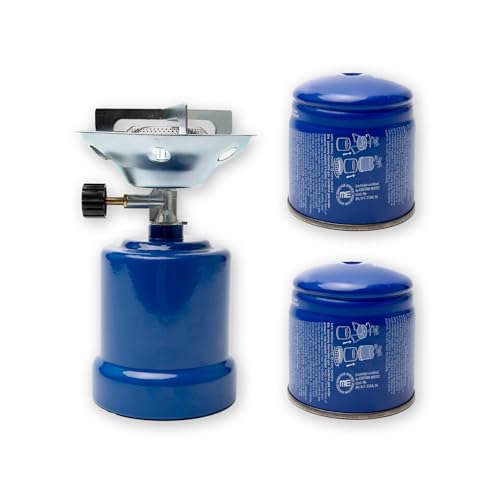 BESCH Hornillo de Camping + 2 Cartuchos de Gas 190g - Estufa de Gas para Camping, Acampada, Picnic - Mini Quemador Portátil Senderismo