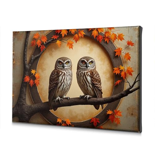Décoration murale hiboux tableau automne nature 40 x 60 cm