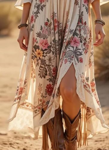 Womens Flowy Tiered Midi Dress 3/4 Sleeve Summer Sundresses Floral Print Boho V-Neck Dress Beach Slit Dresses4