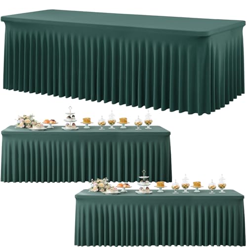 Image of 3 Pack Hunter Green Spandex Tablecloth for 8 Foot Rectangle Tables, Wrinkle Free Fitted Table Cloth Cover 8ft Green Stretchy Tablecloths with Skirt for Parties Weddings Birthday Banquet Baby Shower