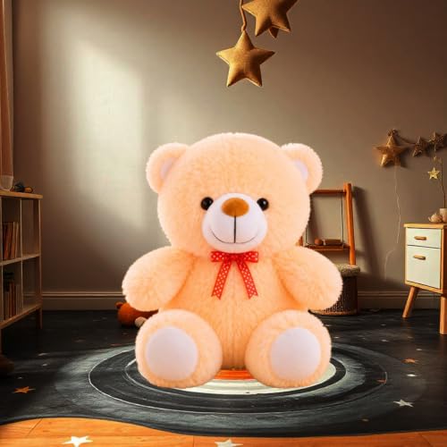 Image of Plush Teddy Bear, 20 cm, Butter Yellow with Orange Bow, Soft Stuffed Animal