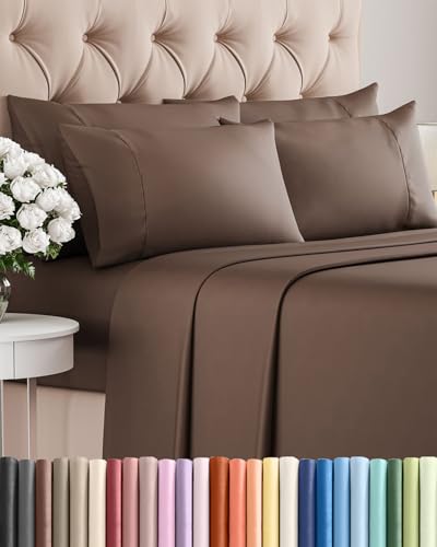 Image of Cal King 6 Piece Bed Sheet Set - Comfy, Breathable & Cooling Sheets - Brown | Ultra-Soft Hotel Luxury Bedding Set with 8-16 Inch Deep Pockets, 1 Flat & 1 Fitted Sheet & 4 Pillowcases, Wrinkle & Fade Free