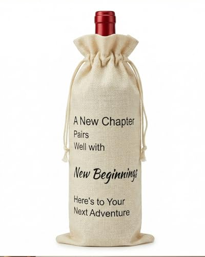 Image of Newly Beginning Wine Gift Bag for Her Reusable Linen Drawstring Wine Bag for Retirement, Graduation & Farewell Gifts, Holds 750ml Bottle