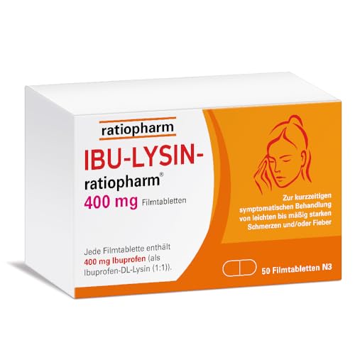 IBU-LYSIN-ratiopharm 400 mg Filmtabletten: Die schnelle Hilfe gegen Schmerzen. Schmerzmittel mit dem Wirkstoff Ibuprofen-Lysin, 50 Stück IBU-LYSIN-ratiopharm 400 mg Filmtabletten: Die schnelle Hilfe gegen Schmerzen. Schmerzmittel mit dem Wirkstoff Ibuprofen-Lysin, 50 Stück