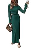 PRETTYGARDEN 2023 Fall 2 Piece Outfits For Women Rib Knit Crop Top And Slit Maxi Dress Skirt Sets Tracksuit (Dark Green,Small)
