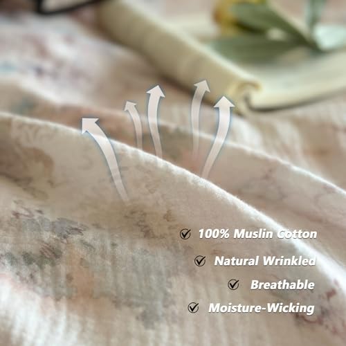 VM VOUGEMARKET Cotton Muslin Duvet Cover Queen Vintage Floral Duvet Cover with Ruffles Soft Linen Like Gauze Comforter Cover with Zip Closure and Corner Ties- 90"x90"