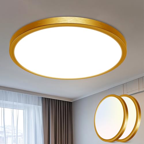 Image of libtit 16Inch Flush Mount LED Ceiling Light Fixture, 3000K 4000K 6500K Adjustable, 36W 3600lm Gold Satin Round Ceiling Lamp for Bathroom Shower Hallway Kitchen, 2 Pack