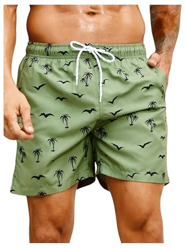 Floerns Traje de baño con cordón y estampado tropical para hombre, de secado rápido, con bolsillo, Verde y negro, Large