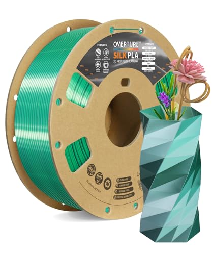 Image of OVERTURE Silk PLA Dual Color Filament 1.75mm, Bi-Color Shiny PLA Finish, Smooth & Glossy, 1kg Spool (2.2lbs), Ideal for Cosplay Jewelry & Home Decor (Silk Green-Silver)
