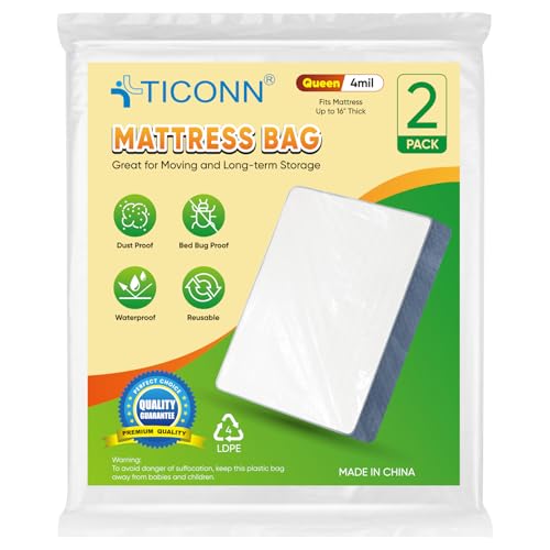 Image of TICONN 2PK Plastic Mattress Bag for Moving Storage, Waterproof Mattress Protector Cover, Heavy-Duty Mattress Moving Supplies (4 mil, Queen)