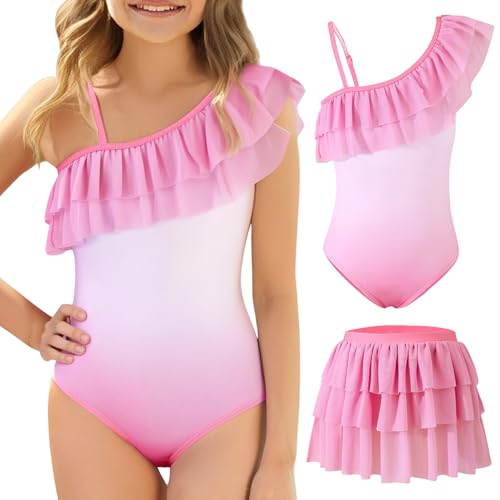 Image of Mikrdoo Girls One Piece Swimsuit with Skirt One Shoulder Ruffle Bathing Suit Beach Outfits