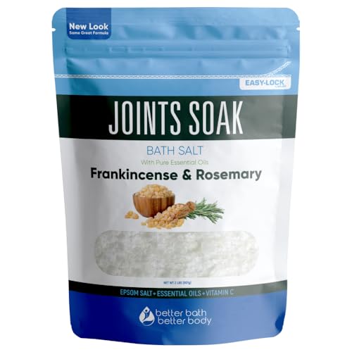 Joints Soak Bath Salt 32 Ounces Epsom Salt with Natural Rosemary, Frankincense and Peppermint Essential Oils Plus Vitamin C in BPA Free Pouch with Easy Press-Lock Seal