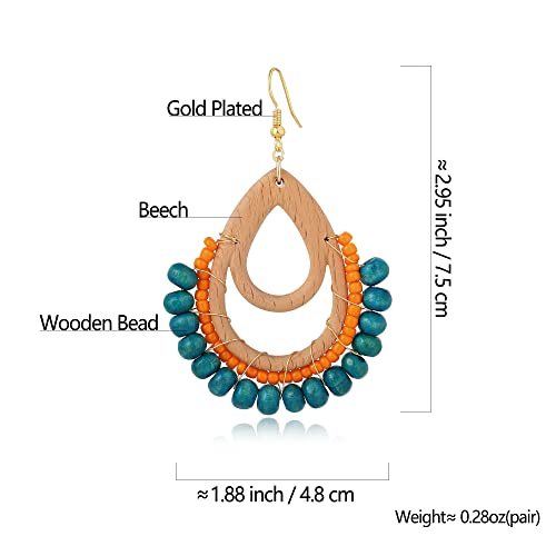 Bohemian Beech Wooden Beads Fish Hook Teardrop Earrings Dangle Drop Jewelry For Women Girls (Blue) #TOP1