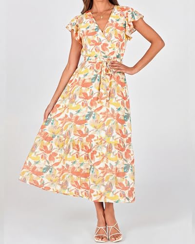 Image of BTFBM Women Summer Bohemian Floral Casual Wrap V Neck Ruffle Cap Sleeveless Belt A-Line Pleated Hem Midi Sun Dress White