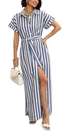 Image of utcoco Women's 2025 Striped Short Sleeve Cotton Maxi Shirt Dress Belted Side Slit Button Down Dress with Pockets