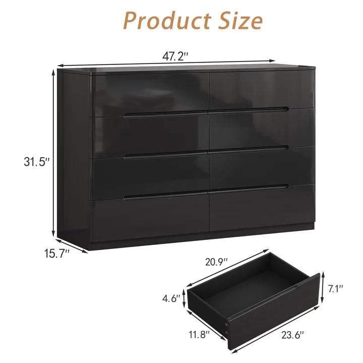 Image of High Gloss Dresser for Bedroom, 47.2 inch Wide 8 Drawer Dresser, Black