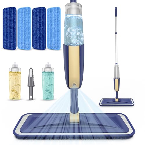 Spray Mops for Cleaning Floors - MEXERRIS Wood Hard Floor Mop with 4 Washable Microfibre Pads 2 Bottles - Dust Wet & Dry Mops for Hardwood Laminate Wood Tiles Floor Cleaning - Home Commercial Mop