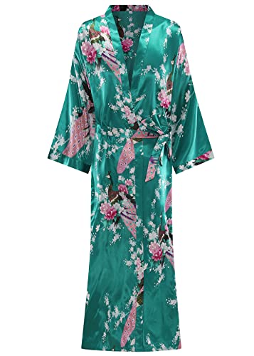 Image of Women's Floral Long Satin Robes Plus Size Long Silk Robes Peacock Floral Kimonos Sleepwear Dressing Gown