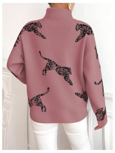 Image of WDIRARA Women's Leopard Tiger Print Sweater High Neck Long Sleeve Fuzzy Knitted Pullover Top