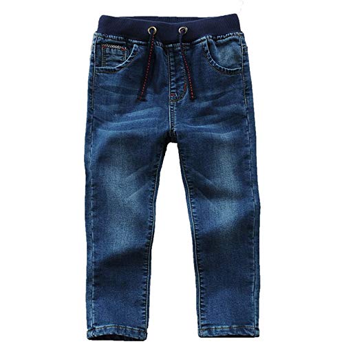 LAPLBEKE Enfant Garçon Printemps Automne Coton Jeans - Denim Long Droit Pantalons - Taille Elastique Cordon Bas École Extérieur Bleu 13-14 Ans Cover