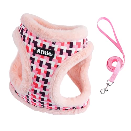 AIITLE Pettorina invernale per cani di piccola taglia - Pettorina calda e accogliente a quadri con guinzaglio, regolabile, anti-strangolamento, per cani di piccola taglia, gatti domestici, Rosa XS