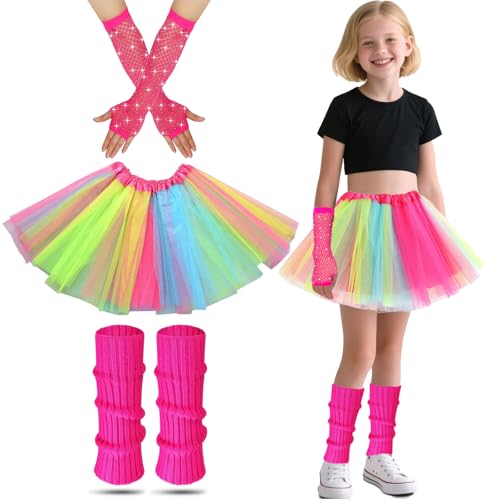 Déguisement Année 80 Fille, Deguisement Disco Enfant Filles Néon Jambes Chauffers Filets Gants et Robe Fantaisie Tutu Pour Les Années 1980 Fête à Thème...