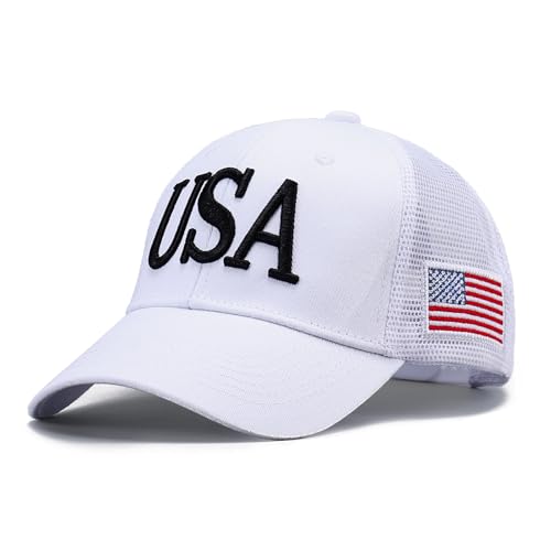 Image of USA Trucker Hat for Men & Women American Flag Cap Adjustable Baseball Cap Mesh Snap Patriotic 3D Embroidered Cap