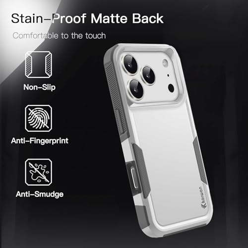 Image of KARWAN Rugged Matte Back Case Cover Compatible with iPhone 17 Pro Max Military Grade Drop Protection, Heavy Duty Shockproof Hybrid TPU + PC, Anti Slip Grip, Dual Layer Camera Protection, White