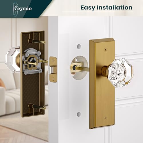 Image of Glass Door Knobs for Interior Doors - Vintage Crystal Passage Closet & Hallway Door Knob - Diamond Cut Door Handle - Antique Brass Finish (1 Pack 7 Inch Height)