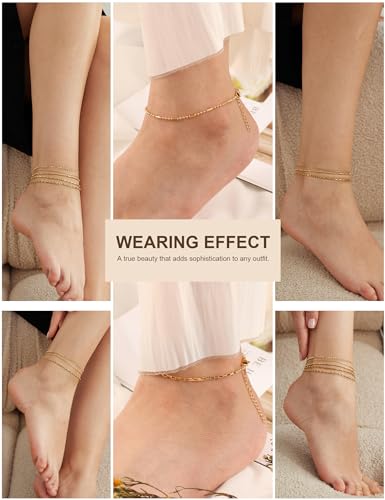 Gold Ankle Bracelets for Women 14k Gold Waterproof Layered Link Chain Anklets Set Jewelry Gift Adjustable Size