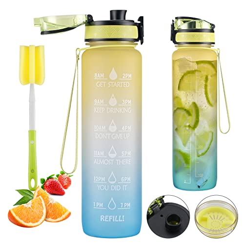 Image of 32 oz Large Water Bottle with Motivational Time Marker & Removable Strainer,Fast Flow BPA Free Non-Toxic for Fitness, Gym and Outdoor Sports (Yellow /Blue)