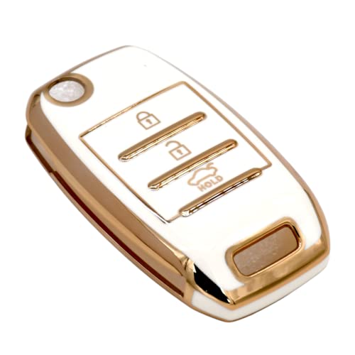 Image of KMH TPU Gold Car Smart Key Cover Compatible for Kia Seltos and Sonet 3 Push Button Smart Flip Key Shell Case Holder, Full Key Protection with Keychain (White Gold) Pack of 2