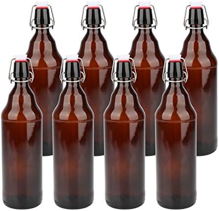 Glass Bottles, COMUDOT Refillable Brown Glass Storage Bottle with Swing Top Lids, Amber Iron Clasp Bottles with Stickers&Pen for Home Brewing, Drinks, Sauces, Industrial products, etc (1000ML, 8 PCS)