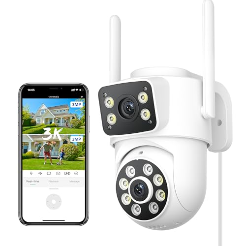 Reobiux 6MP Dual Lens Outdoor Security Camera, 3K WiFi CCTV Camera with 360° Coverage, 30M Color Night Vision, Motion Tracking, Two-Way Audio, IP66, Works with Alexa
