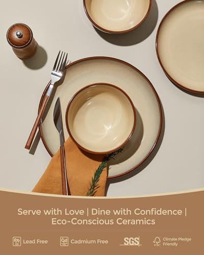 Image of Pokini 32 Piece Double Bowl Dinnerware Sets with Pasta Bowls, Highly Chip and Crack Resistant Plates and Bowls Sets, Natural Earthyware Ceramic Dishware Sets, Service for 8 Brown Yellow