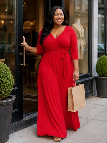 Image of PinkPatty Plus Size Maxi Dress for Women 3 /4 Sleeve Casual Long Dress | Soft stretchy fabric, functional pockets, flattering wrap v neck for vacation, casual wear and everyday styling