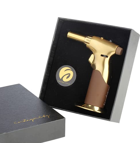 Dual Flame Butane Torch Gun - Refillable Luxury Hand Held Mini Blow Torch For Cooking, Creme Brulee, Soldering, Welding, & Resin Art - Adjustable Flame With Ignition Lock - Brown & Gold By Inzaynity #TOP1