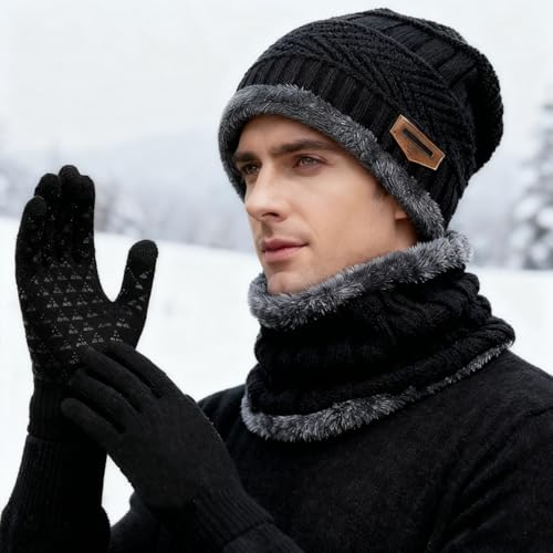 XILEPINGAN Wintermütze Schal Touchscreen Handschuhe Set - Unisex Beanie Strickmütze Winterschal Thermo Handschuhe,Wintermütze Strickmütze Schlauchschal Strickhandschuhe mit Fleece Gefütterte (Grau)