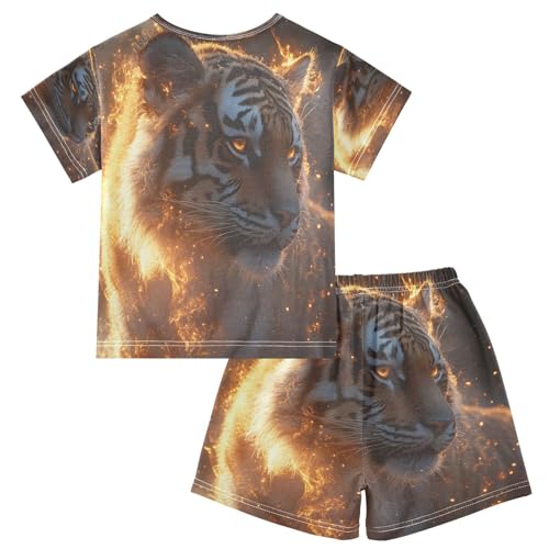 ALAZA Funny Tiger Animal Pajamas Set Short Sleeve Cotton Sleepwear Summer Pjs 2 Piece 5-14Y2