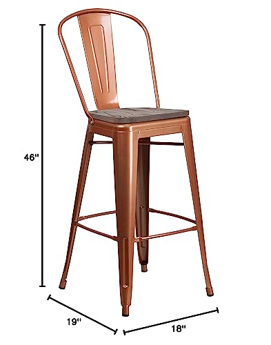 Butaco de bar estilo bistró EMMA + OLIVER con asiento de madera y estructura metálica en cobre, altura 46 pulgadas, uso comercial e interior miniatura 2