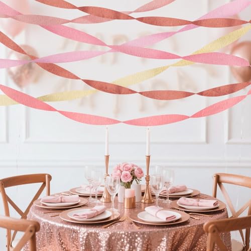 Image of Crepe Paper Streamers Party Decorations, 6 Rolls Pink Rose Gold Party Streamers for Wedding, Birthday, Bachelorette, Baby Bridal Shower Party Decorations