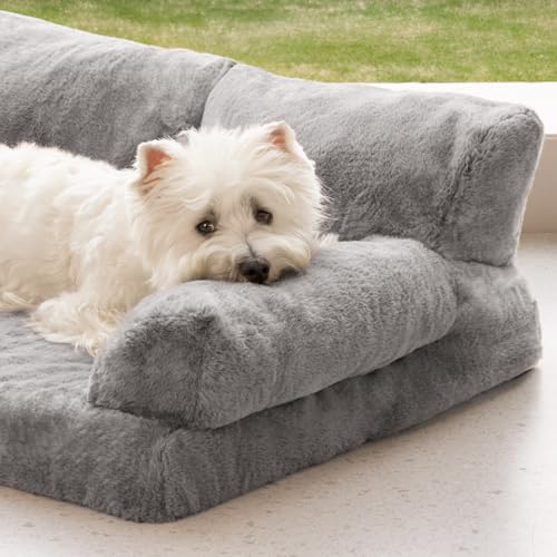 MEWOOFUN Orthopädisches Hundesofa, mittelgroß, wasserdicht, Anti-Angst-Plüschbezug für Welpen, 90 x 65 x 30 cm (Grau, L)
