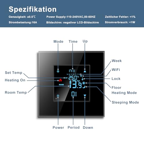 CNBINGO Thermostat Zigbee Smart Thermostat 2.4G-WLAN Unterputz mit Kristall Glasscheibe Digital Raumthermostat Kompatibel mit Alexa/Google Home/Smart Life/Tuya APP, Weiß