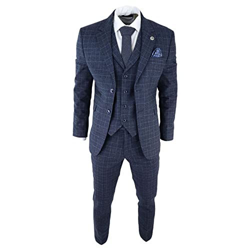 Image of Mens Tweed 3 Piece Suit Blue Check Vintage 1920s Gatsby Blinders Tailored Fit - Blue 44