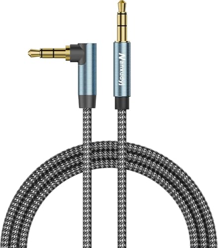 Nanxudyj 1ft Short Aux Cord, 90 Degree Right Angle 3.5mm Audio Cable, TRS Male to Male Nylon Braided Auxiliary Cable for Car Stereo, Headphones, PS4, PC, Speakers - 24K Gold Plated & Tangle-Free