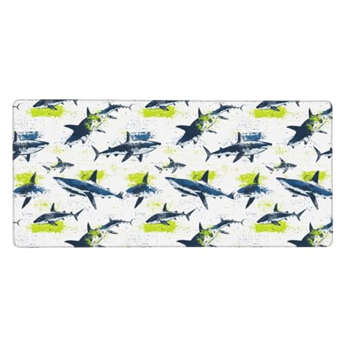 Grand tapis de souris de jeu requin bleu marine et vert avec base caoutchouc pour bureau