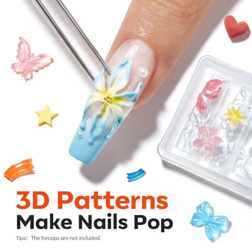 Image of modelones Silicone Nail Art Molds, 7PCS 3D Flowers Nail Charm Molds with Carving Pen Clear Modeling Templates Hibiscus Flowers Lace Bow Star Heart Blossom Design Mold for Resin Epoxy Professional